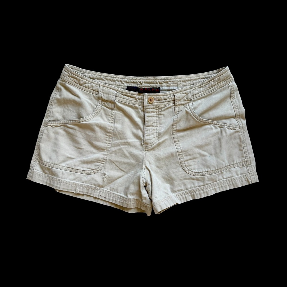 90's Ralph Lauren Women Tan Khaki Cotton Distressed Cargo Utility Shorts Sz 10